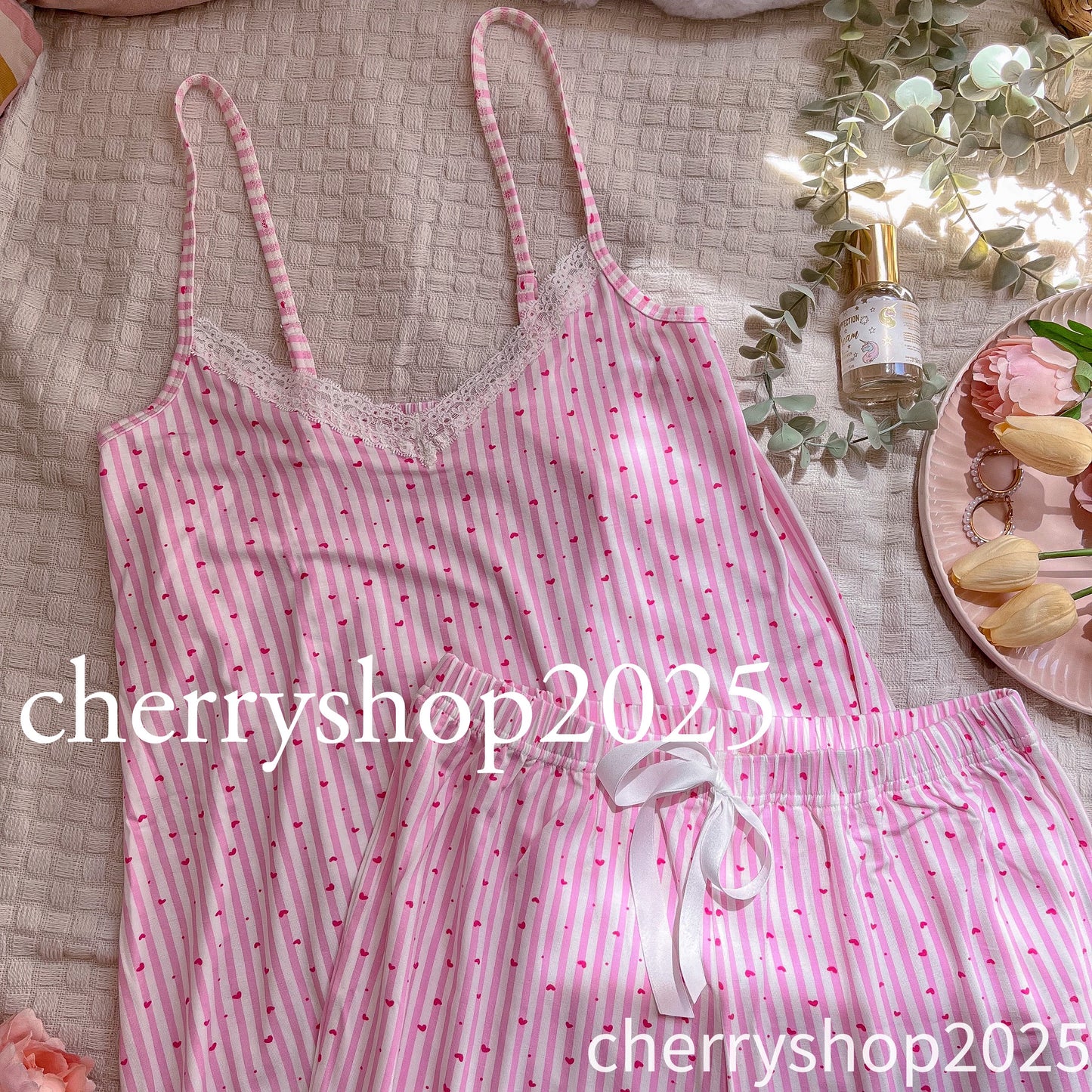 Stripped pink بيجاما بنطلون وتوب حمالة