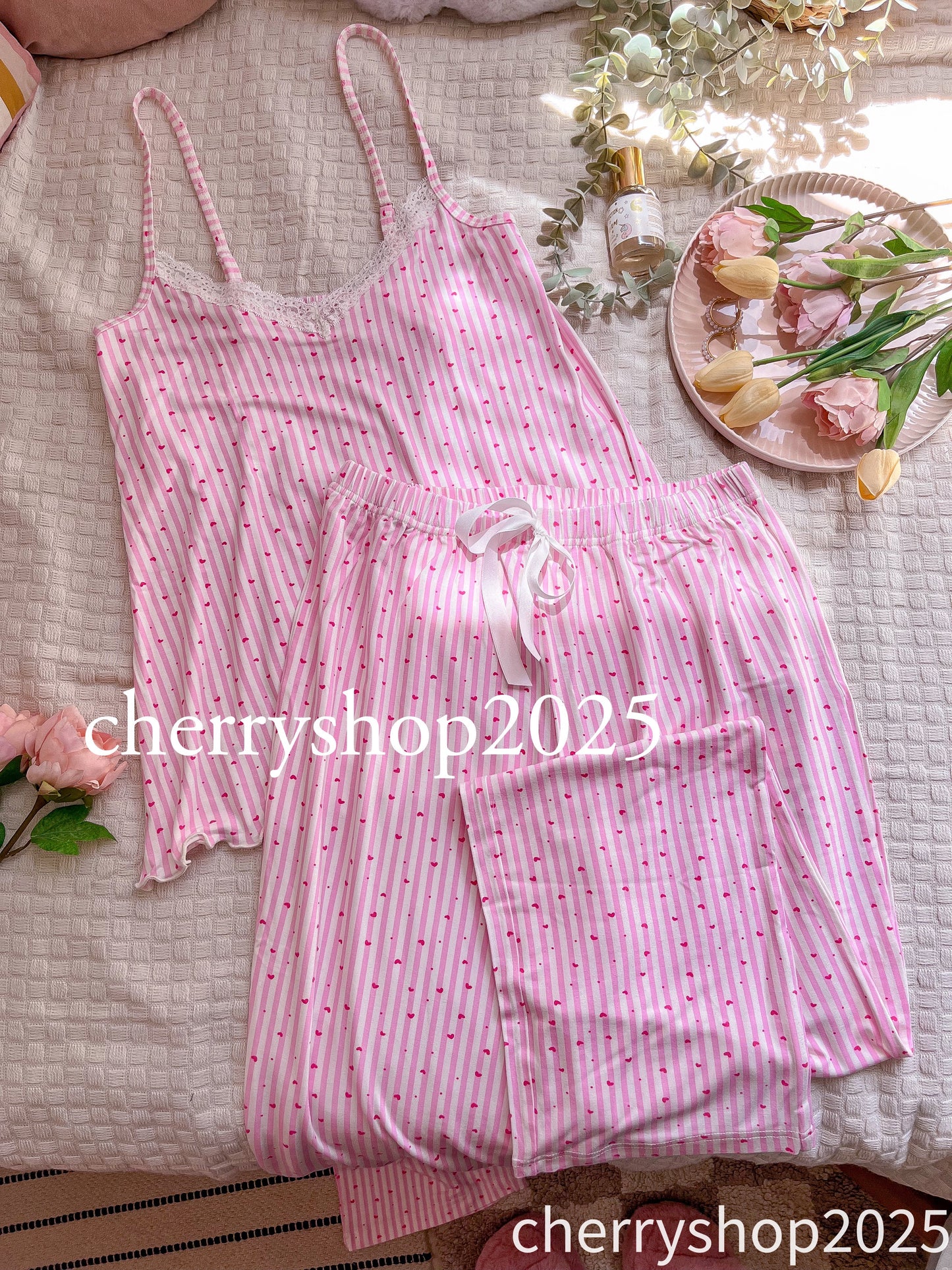 Stripped pink بيجاما بنطلون وتوب حمالة