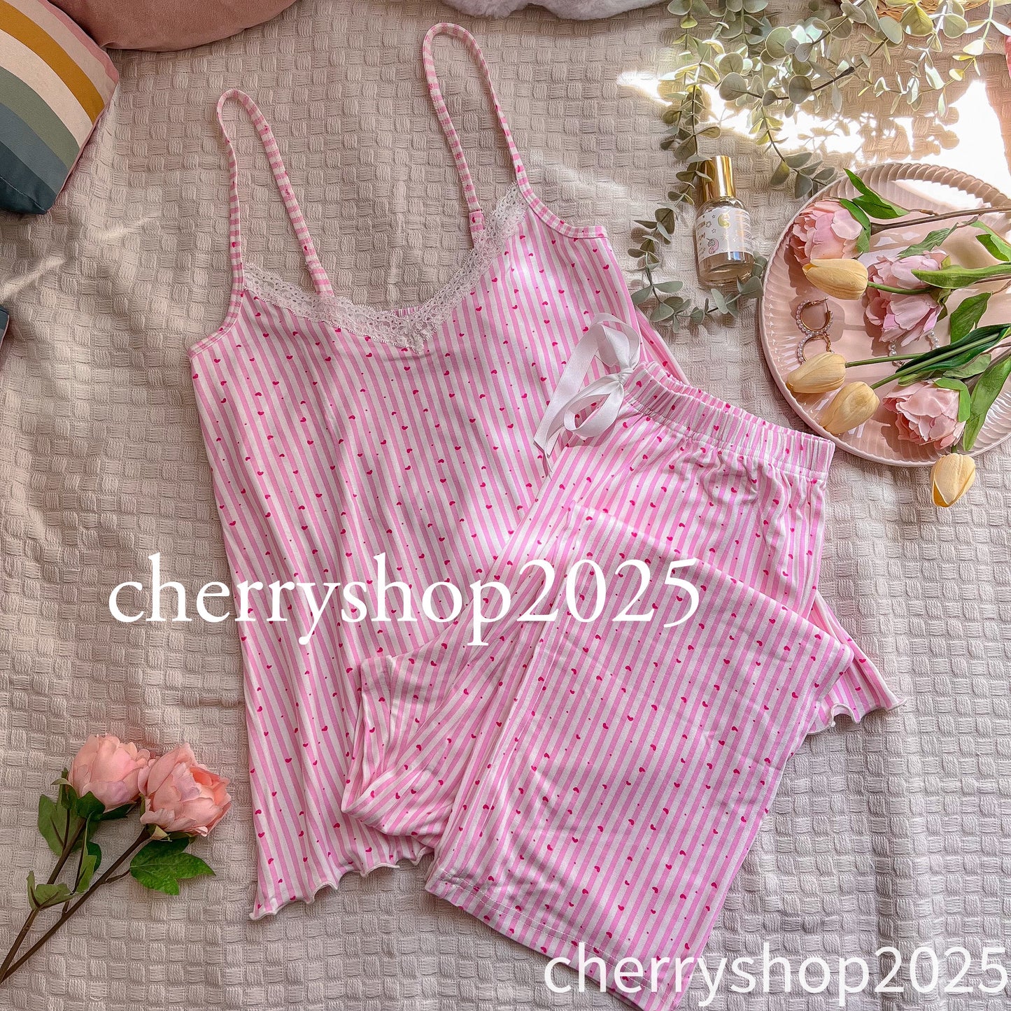 Stripped pink بيجاما بنطلون وتوب حمالة