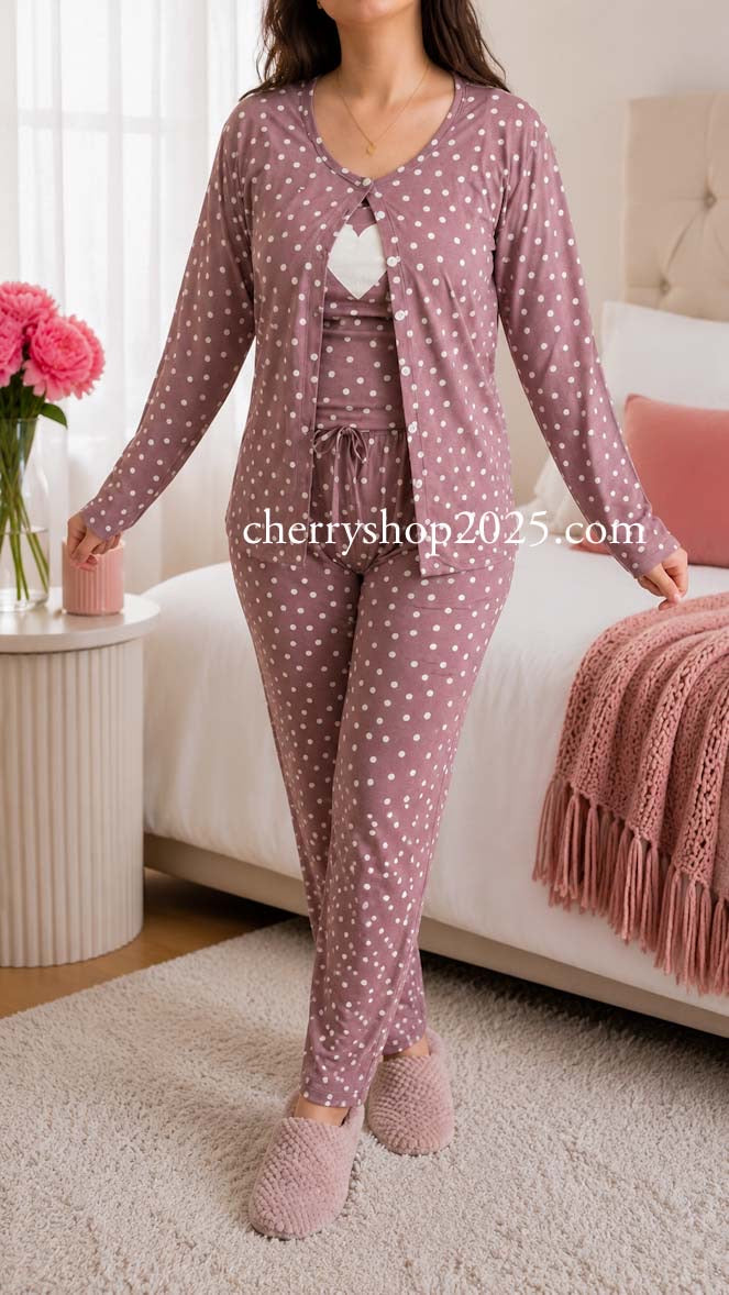 White top and striped salmon trousers with heart print