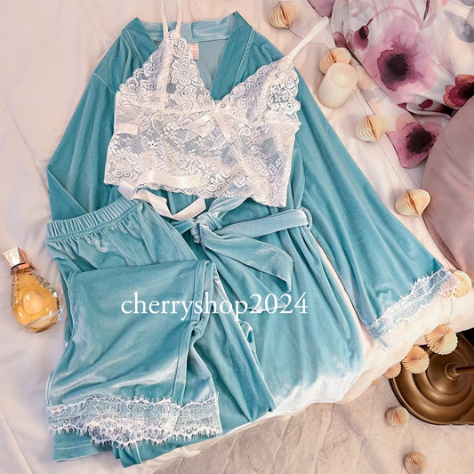 Aqua Kimono Pj with Lace Top
