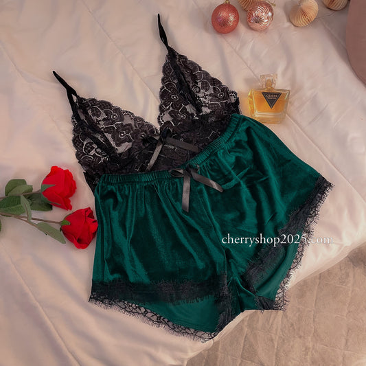 Green Velvet Lace Set
