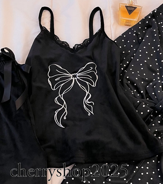 Bow Dotted Top Pajamas (Top)قطيفة