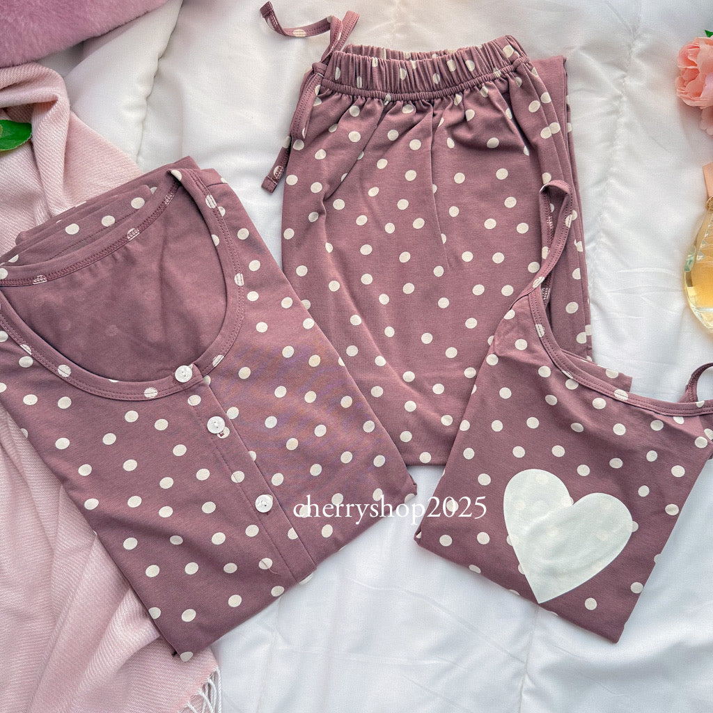 White top and striped salmon trousers with heart print