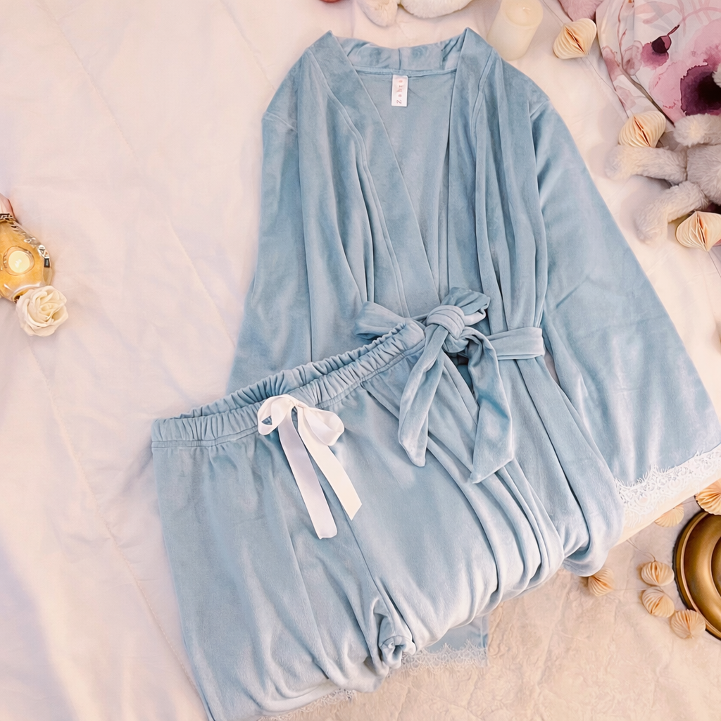 Baby Blue Bow Bridal Kimono PJ 2PCS روب مع بنطلون
