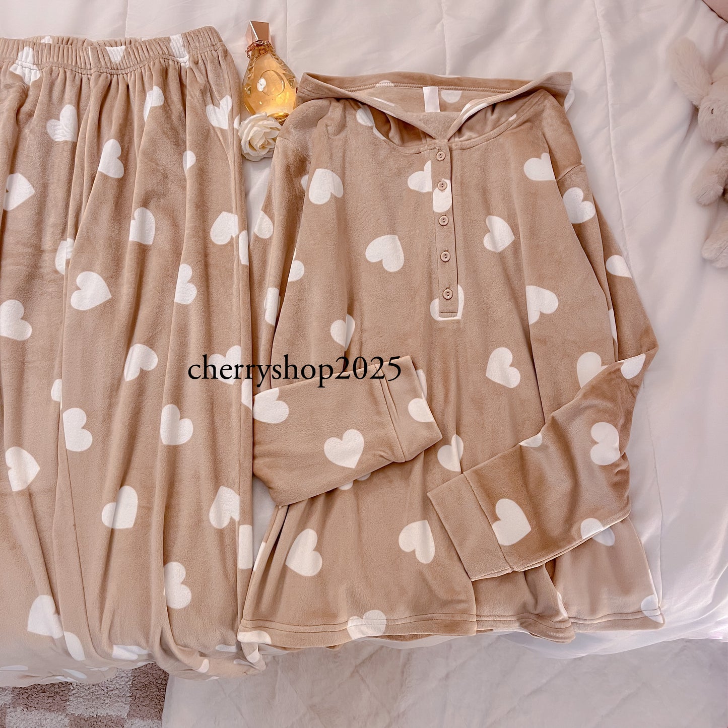 Beige Hearts Hoodie Pajamas
