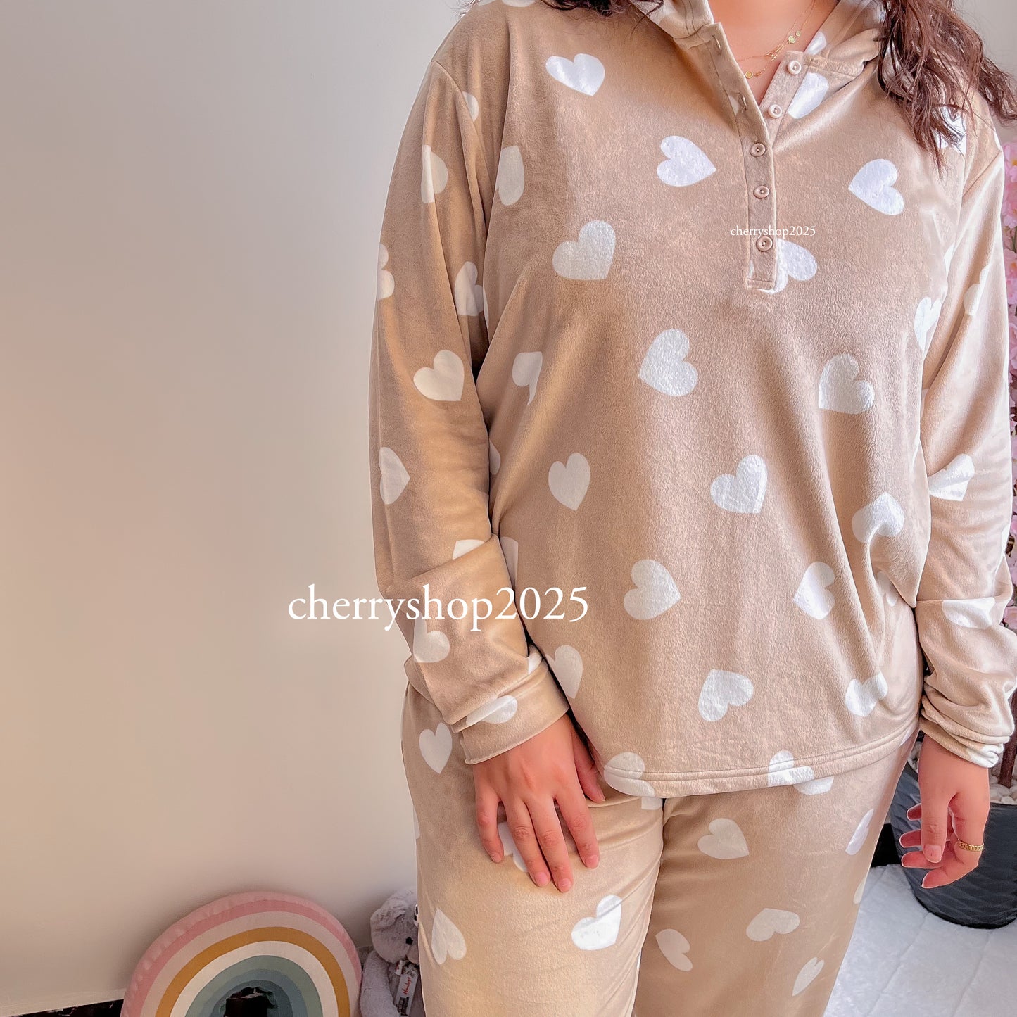 Beige Hearts Hoodie Pajamas