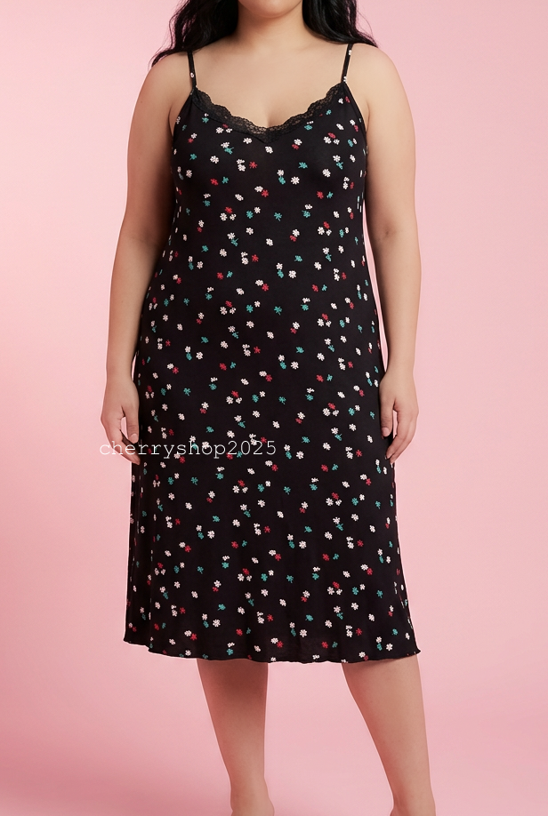 Black Flowers Night Slip