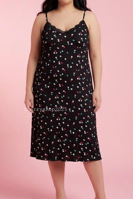 Black Flowers Night Slip