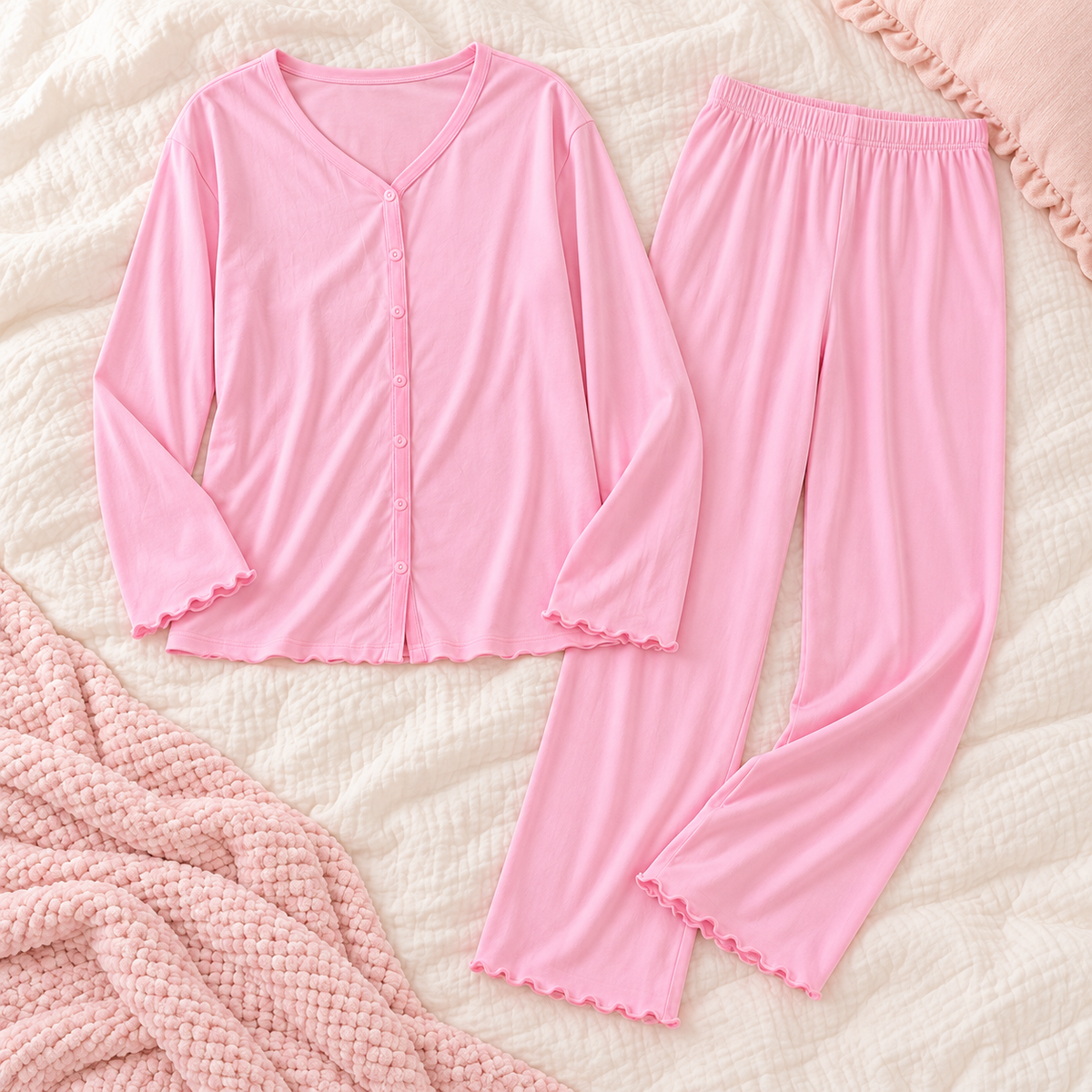Plain Pink  بيجامة كم طويل