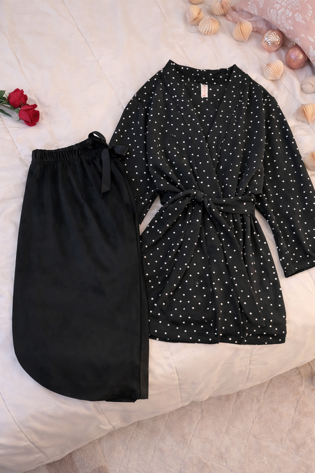 Bow Dotted Robe Pajamas 2pcs بيجاما قطعتين