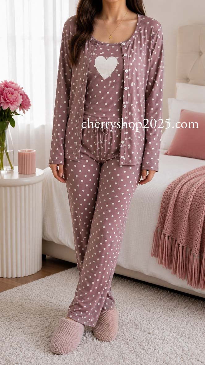 White top and striped salmon trousers with heart print