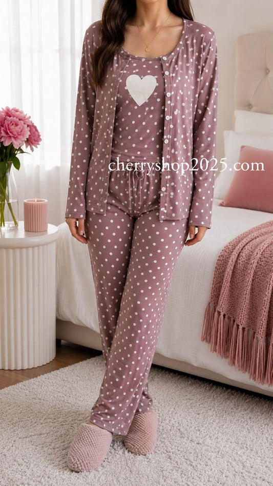 White top and striped salmon trousers with heart print