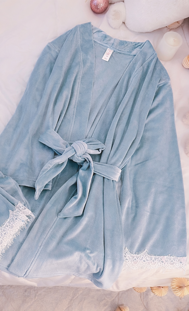 Baby Blue Bow Bridal Kimono PJ 2PCS روب مع بنطلون