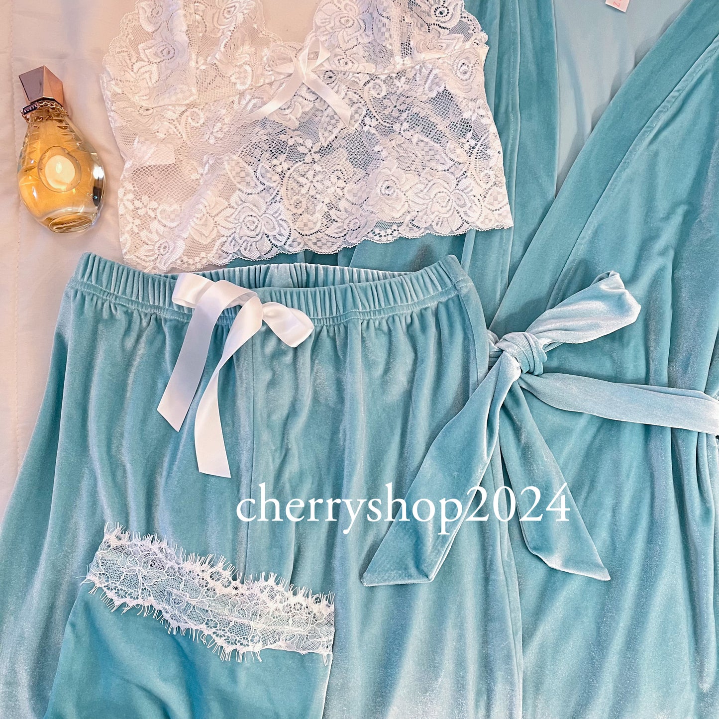 Aqua Kimono Pj with Lace Top