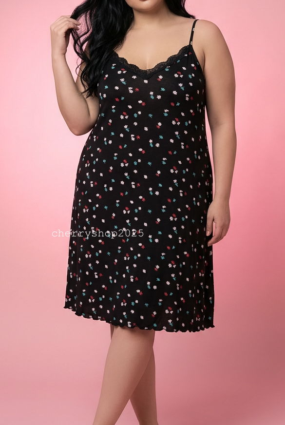 Black Flowers Night Slip