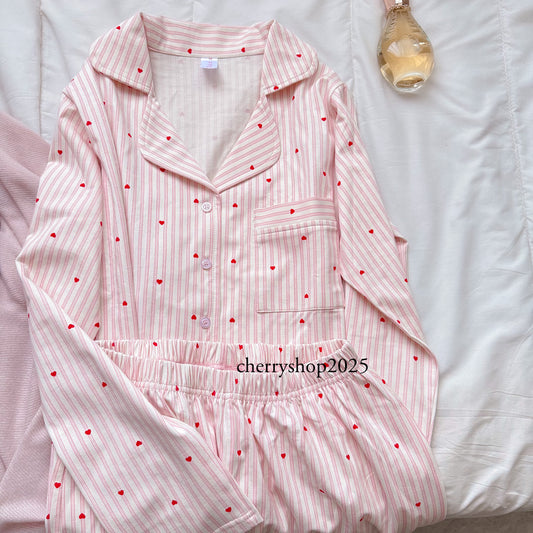 Pink Striped Hearts Autumn Pajamas