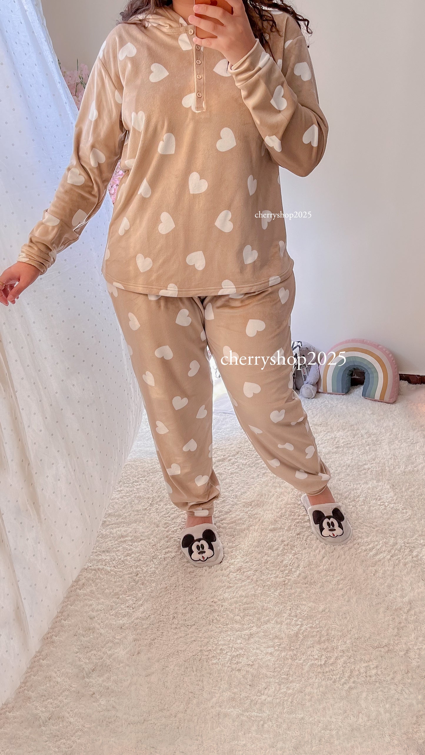 Beige Hearts Hoodie Pajamas