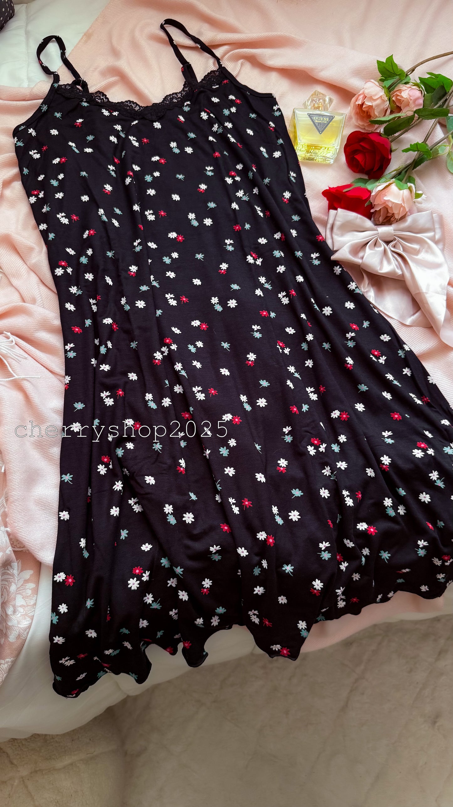 Black Flowers Night Slip