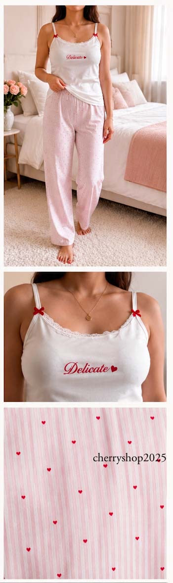 White top and striped salmon trousers with heart print