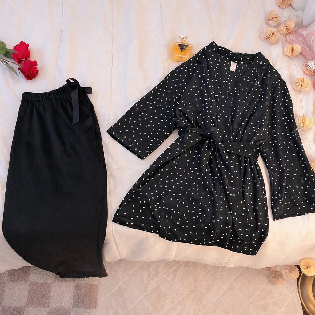 Bow Dotted Robe Pajamas 2pcs بيجاما قطعتين