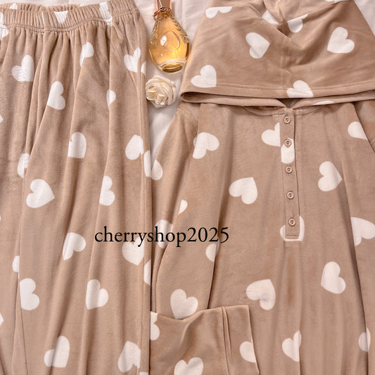 Beige Hearts Hoodie Pajamas