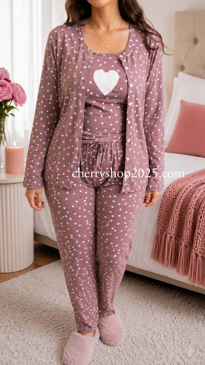 White top and striped salmon trousers with heart print
