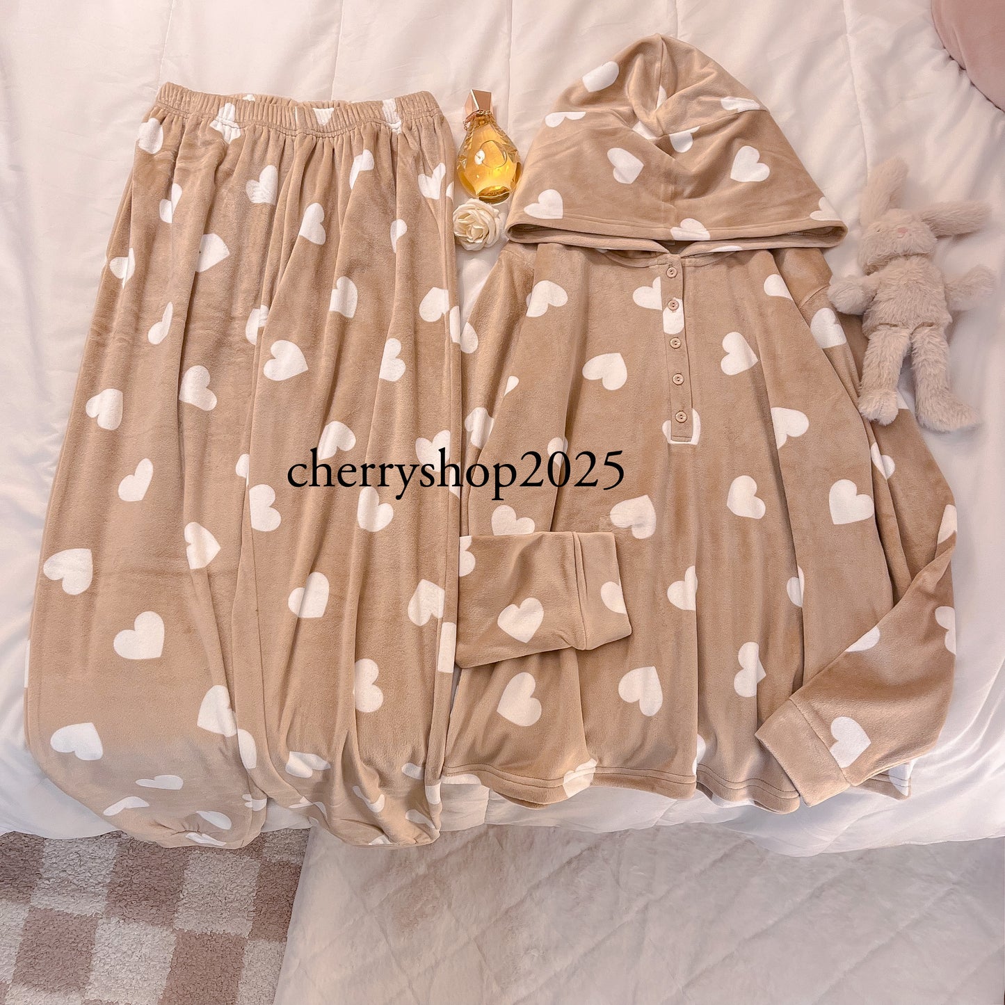 Beige Hearts Hoodie Pajamas