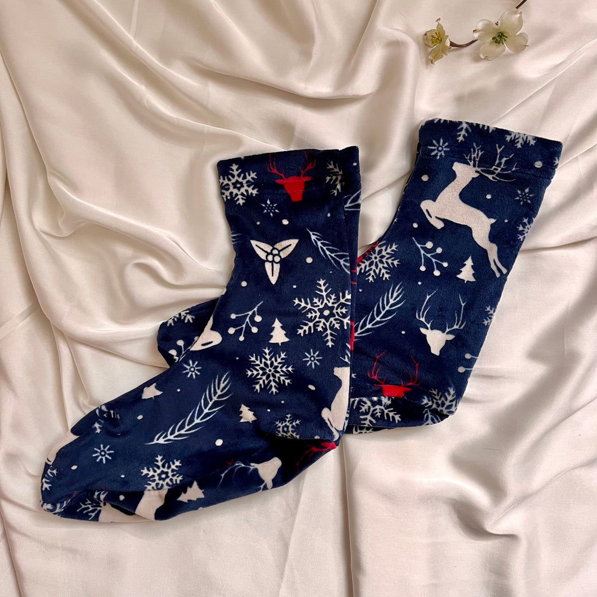 Velvet navy blue dress with a deer print