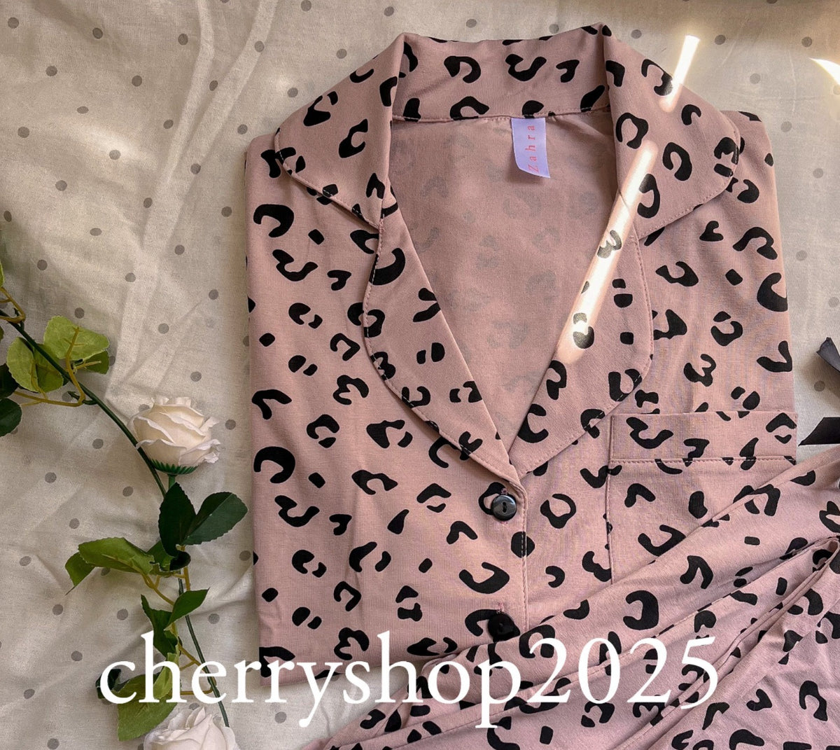 Pink tiger print short-sleeved button-up pajama set