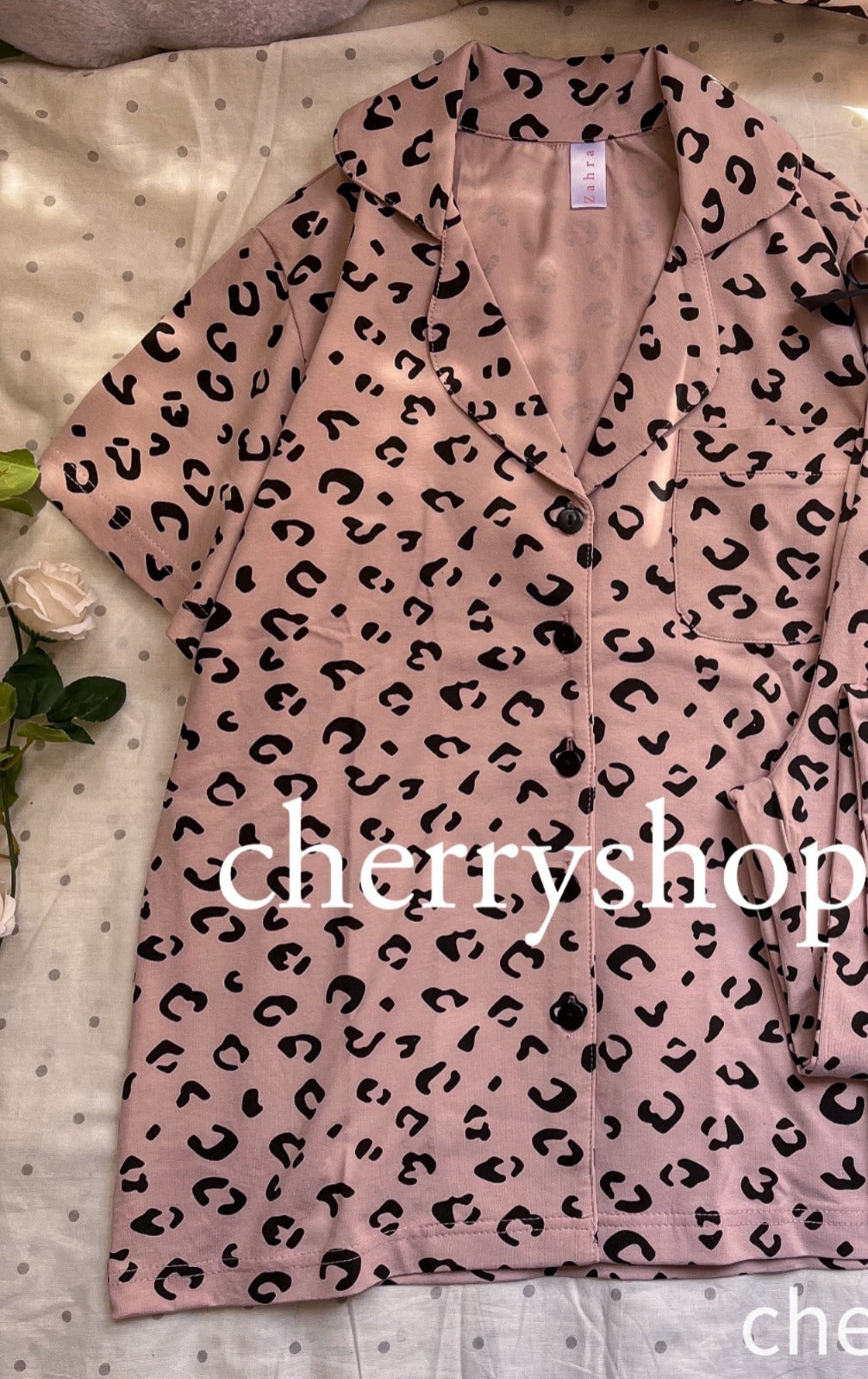 Pink tiger print short-sleeved button-up pajama set