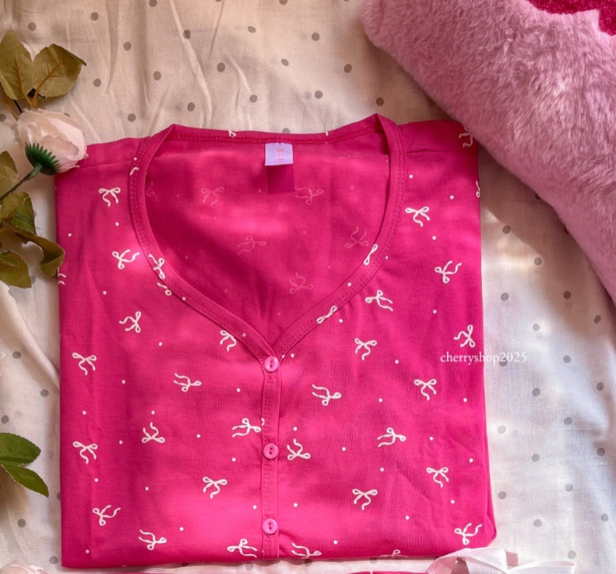 Fuchsia short-sleeved cotton pajamas with bows