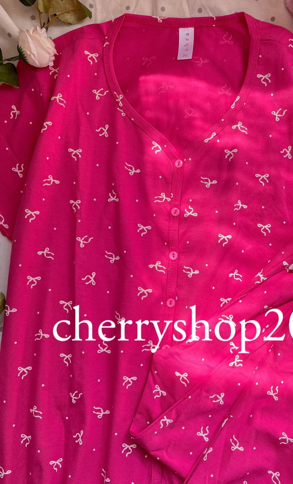 Fuchsia short-sleeved cotton pajamas with bows